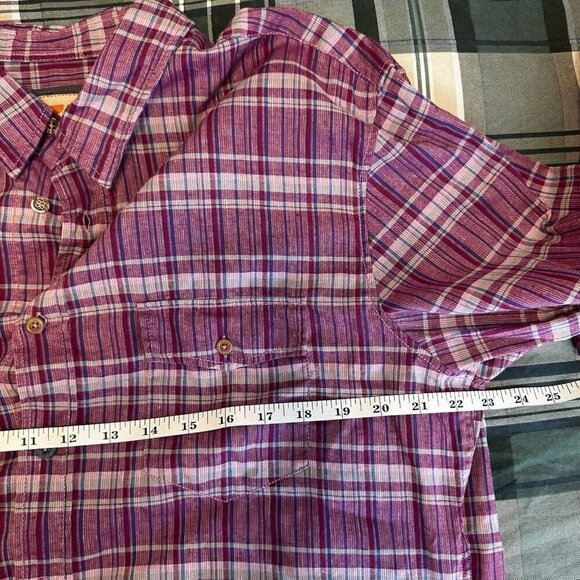 Hugo Boss Orange Linen Blend Plaid Button Up Shirt Purple Mens XL Western Preppy - Picture 15 of 15